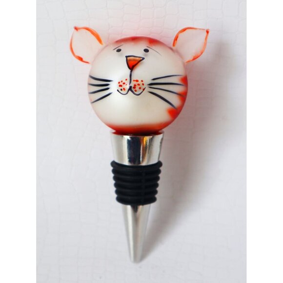 2 Cat Wine Stopper Ashley Nicole Designs Hand Blown & Cat Crawling Into Bottle - Picture 2 of 5